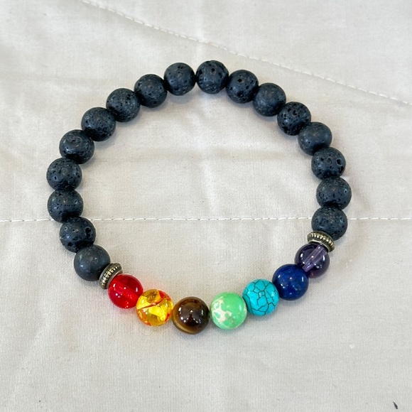 Multicolor 7 stone chakra stretchy bracelet w/black lava stones - Picture 10 of 15